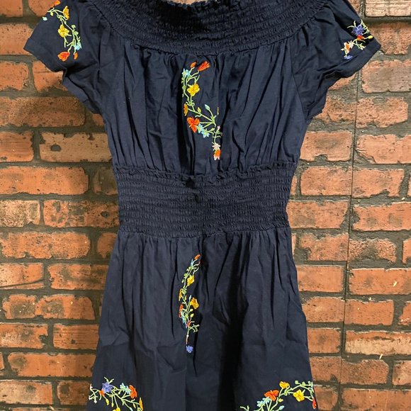 Dark Blue Off-Shoulder Dress w/ Floral Detail - Picture 2 of 3